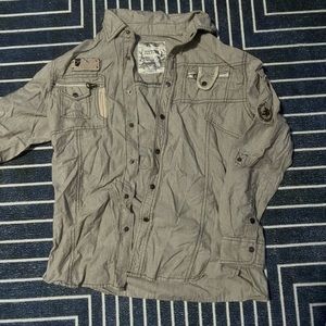 Modern culture striped button up with patches